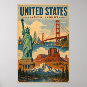 United States American Landmarks Illustration Poster
