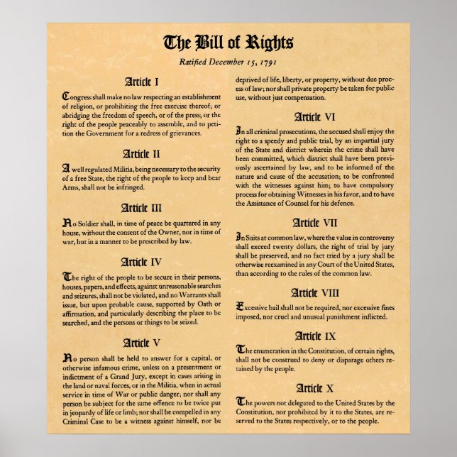 United States Bill of Rights First Ten Amendments Poster (Front)