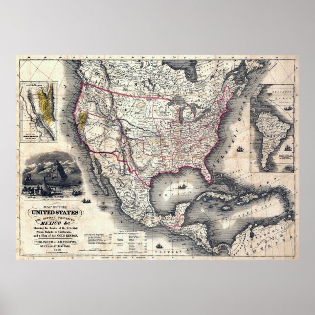 UNITED STATES CALIFORNIA GOLD RUSH MAP 1849 POSTER (Front)