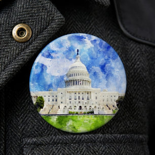 United States Capitol in Washington DC Watercolor 6 Cm Round Badge