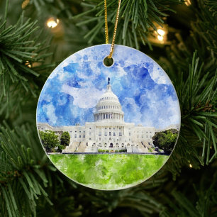 United States Capitol in Washington DC Watercolor Ceramic Tree Decoration