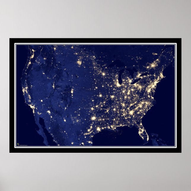 United States City Lights at Night Satellite Map Poster (Front)