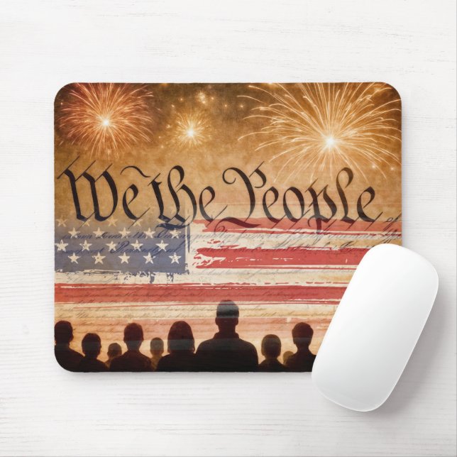 United States Constitution With Fireworks and Flag Mouse Mat (With Mouse)