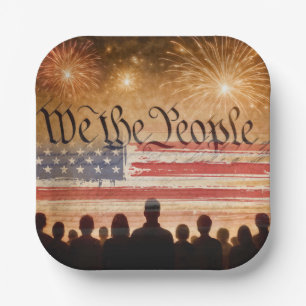 United States Constitution With Fireworks and Flag Paper Plate