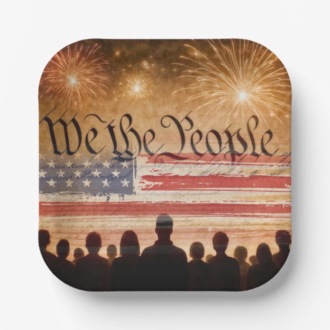 United States Constitution With Fireworks and Flag Paper Plate (Front)