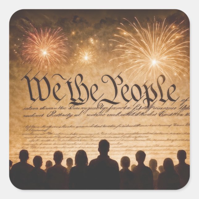 United States Constitution With Fireworks Square Sticker (Front)