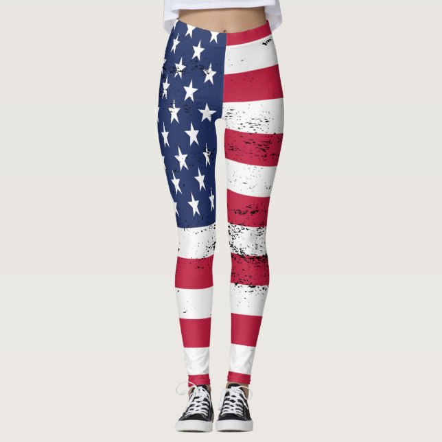 United States Flag Distressed Style Stars Stripes Leggings (Front)