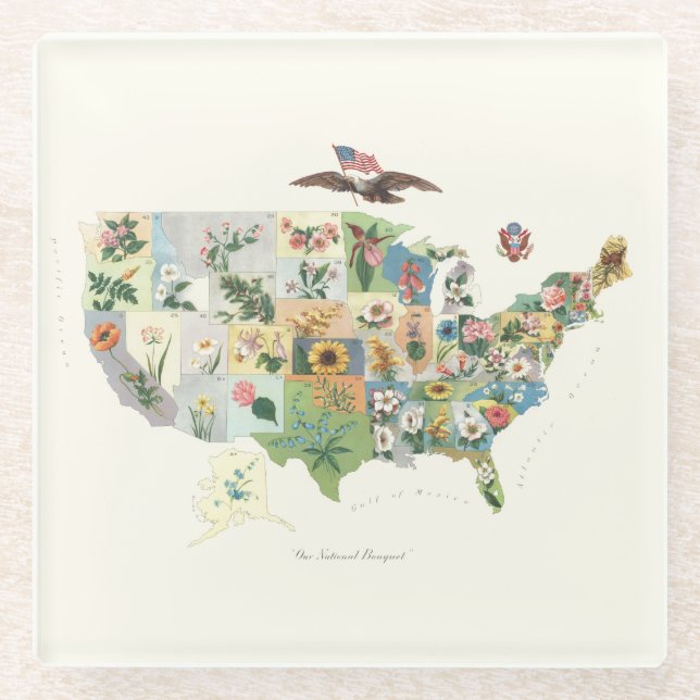 United States Flower Map - Our National Bouquet Glass Coaster (Front)
