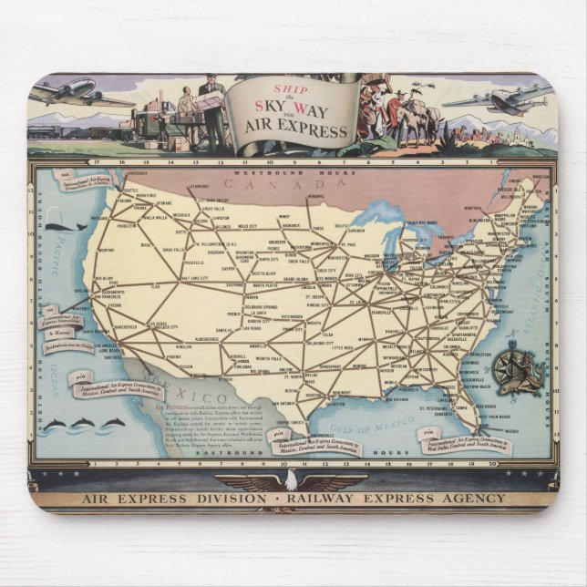 United States Map Ship the Skyway via Air Express Mouse Mat (Front)