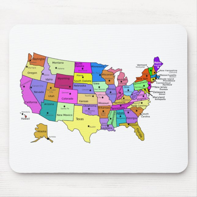 United States Map state names and capitals Mouse Mat (Front)