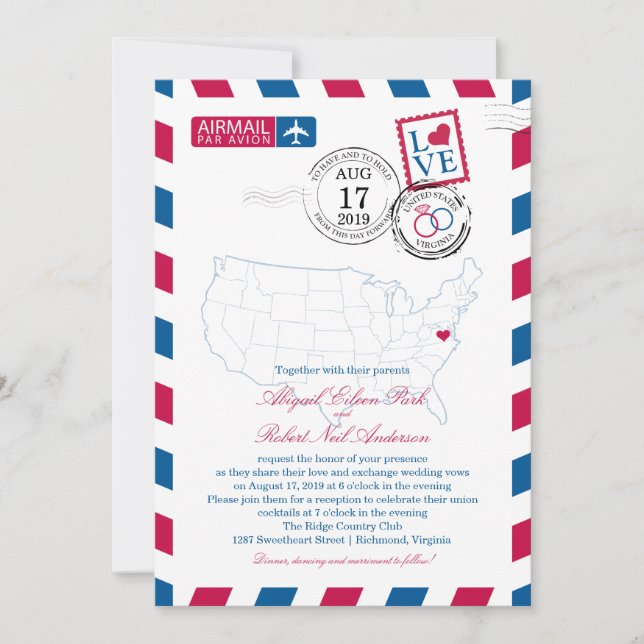 United States Map Virginia USA Airmail | Wedding Invitation (Front)