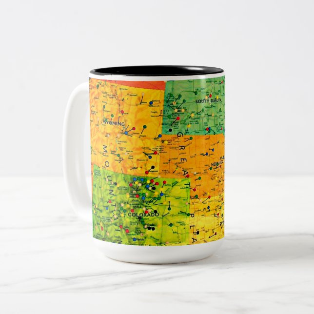United States Map with Stick Pins Two-Tone Coffee Mug (Front Left)