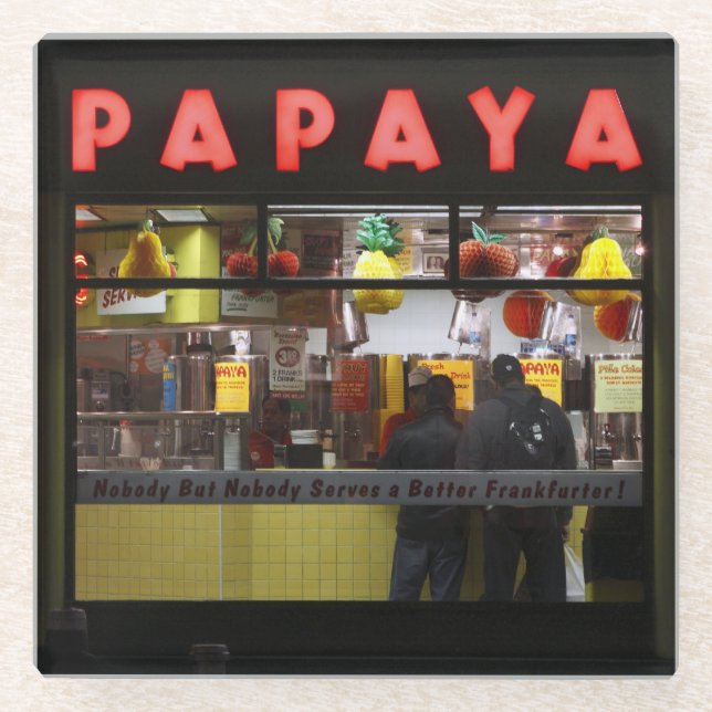 United States, New York. Grey's Papaya: window Glass Coaster (Front)