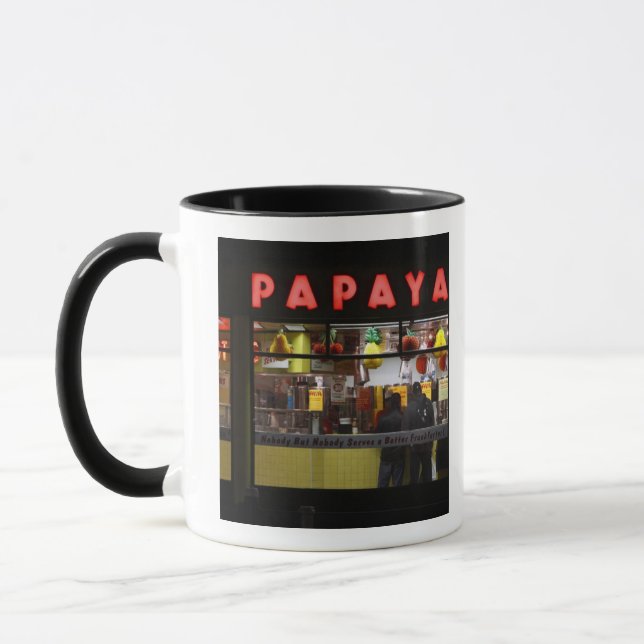 United States, New York. Grey's Papaya: window Mug (Left)