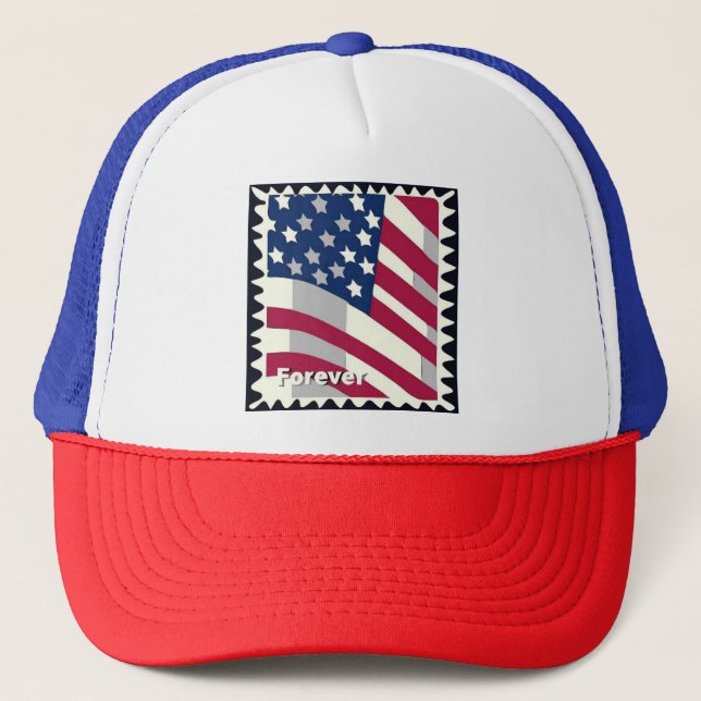 UNITED STATES OF AMERICA FLAG FOREVER STAMP TRUCKER HAT (Front)