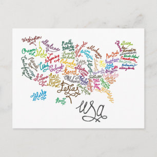 United States of America Script Text Map Postcard