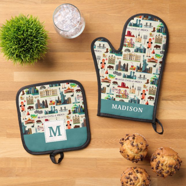 United States Symbols Pattern Oven Mitt & Pot Holder Set (Top Down)
