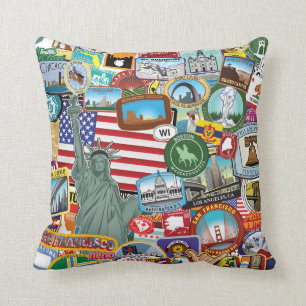 United States Travel Sticker Pattern Cushion