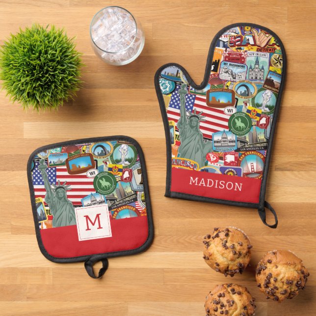 United States Travel Sticker Pattern Oven Mitt & Pot Holder Set (Top Down)