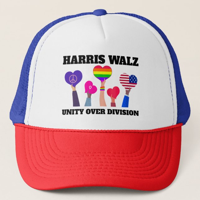 Unity Over Division Kamala Harris Tim Walz Trucker Hat (Front)