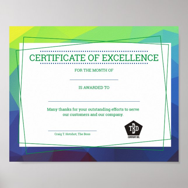 Universal employee recognition award certificate poster (Front)