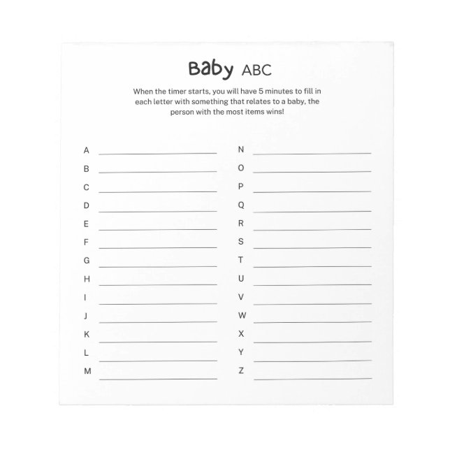 Universal Gender Neutral Baby Shower ABC Game Notepad (Front)