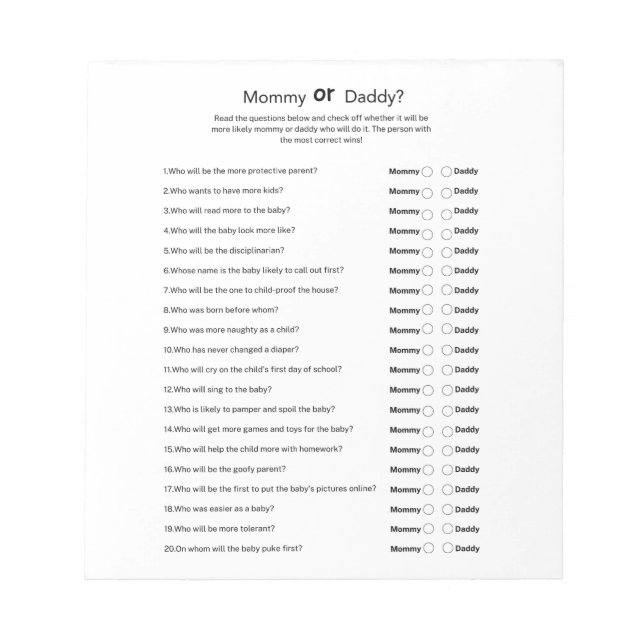 Universal Gender Neutral Baby Shower Mum or Dad  Notepad (Front)