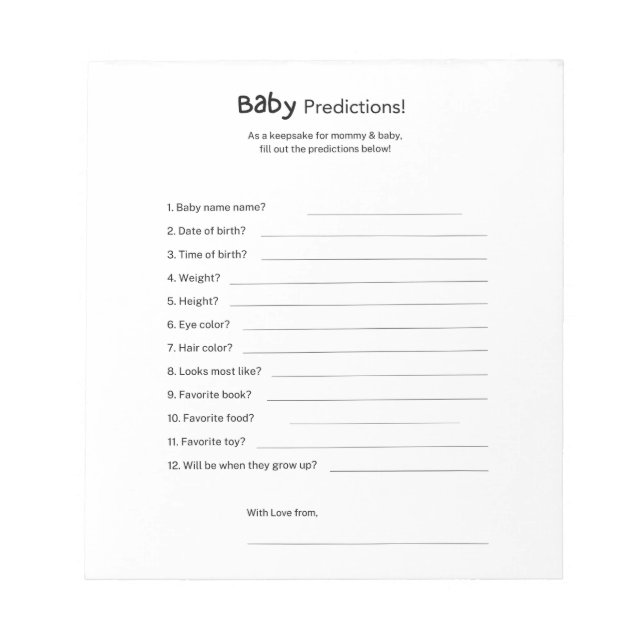 Universal Gender Neutral Baby Shower Predictions  Notepad (Front)