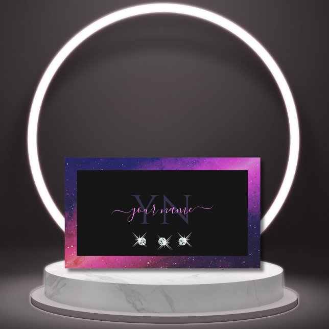 Universe Black Blue Pink Sparkle Jewels Monogram Business Card (Creator Uploaded)