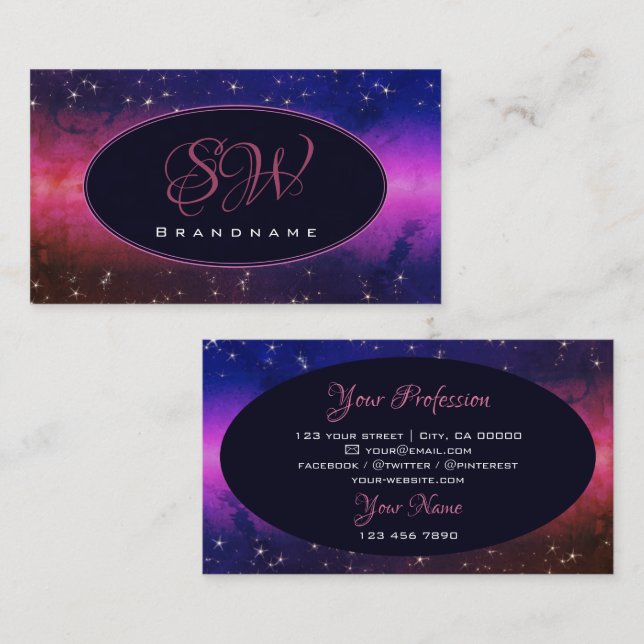 Universe Colourful Galaxy Glitter Stars Monogram Business Card (Front/Back)