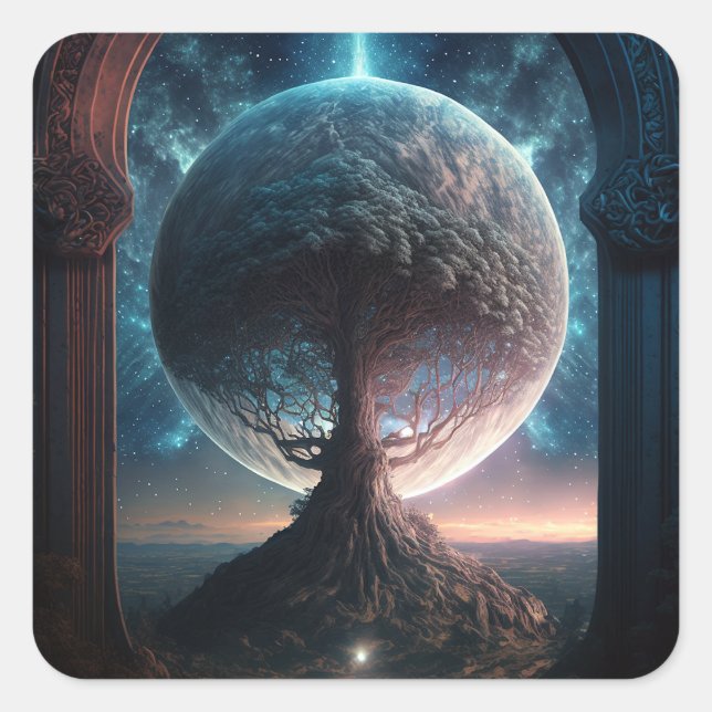 Universe Cosmic Tree Surreal Fantasy Art Square Sticker (Front)
