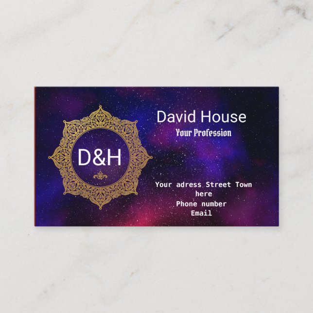 Universe Navy Blue Red Gold Elegant Arabesque  Business Card (Front)