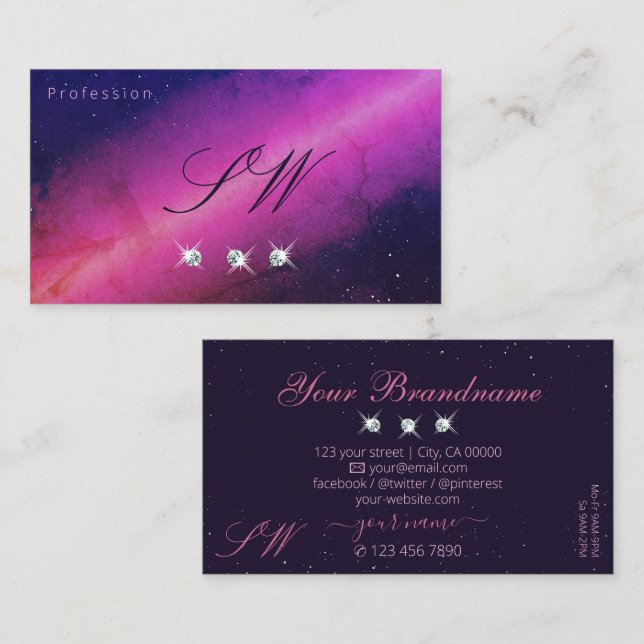 Universe Pink Dark Blue Sparkling Jewels Initials Business Card (Front/Back)