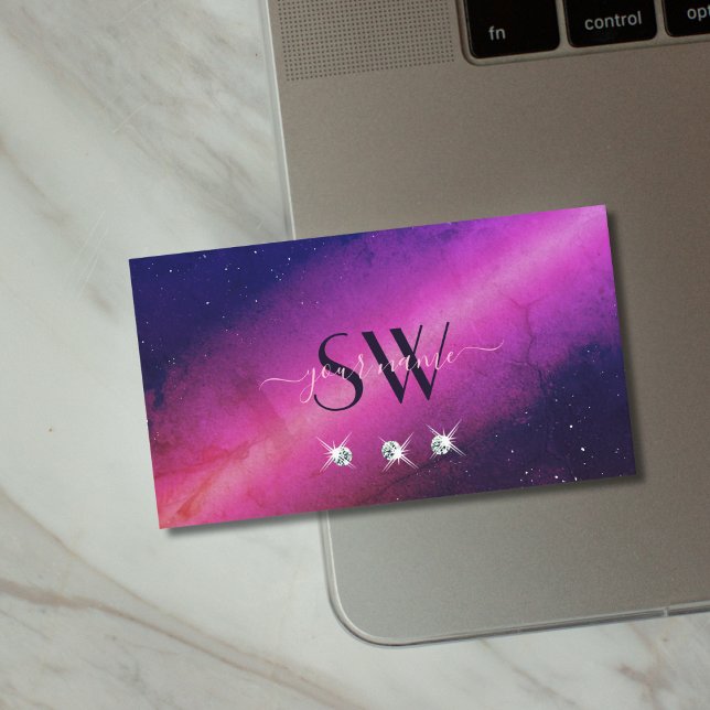 Universe Pink Dark Blue Sparkling Jewels Monogram Business Card (Creator Uploaded)