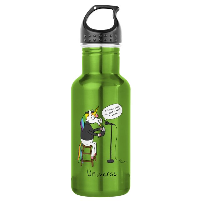 Universe Unicorn Reading Poetry Funny Water Bottle (Front)