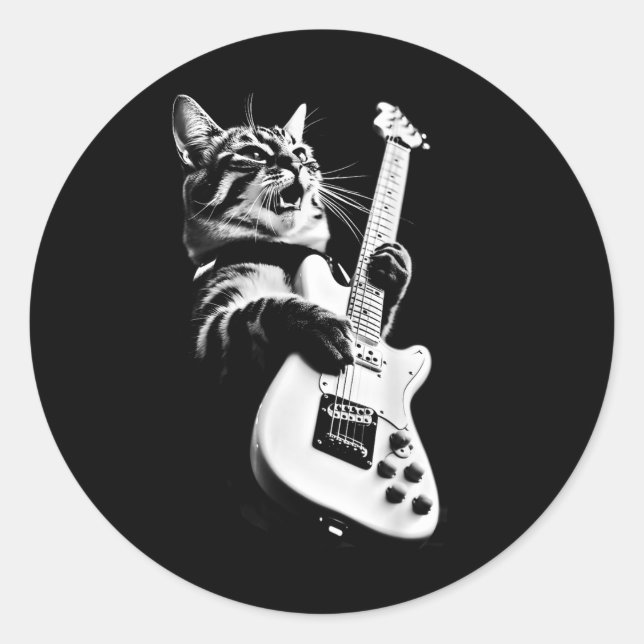 Unknown Designer Rock Cat Playing Guitar - Funny G Classic Round Sticker (Front)