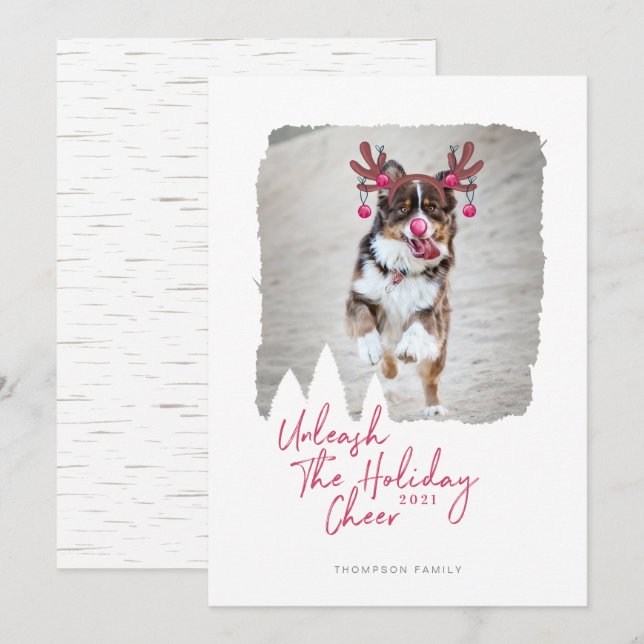 Unleash The Christmas Cheer Fun Pet Photo Reindeer Holiday Card (Front/Back)