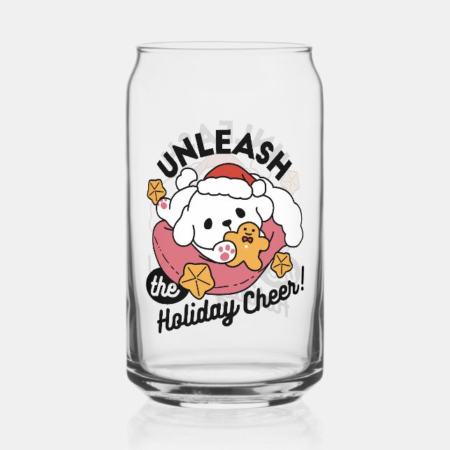 Unleash the Holiday Cheer – Cute Dog Christmas Can Glass (Front)