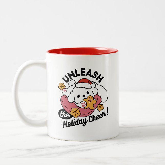 Unleash the Holiday Cheer – Cute Dog Christmas Two-Tone Coffee Mug (Left)