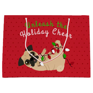 Unleash the Holiday Cheer Cute Pug Christmas Large Gift Bag