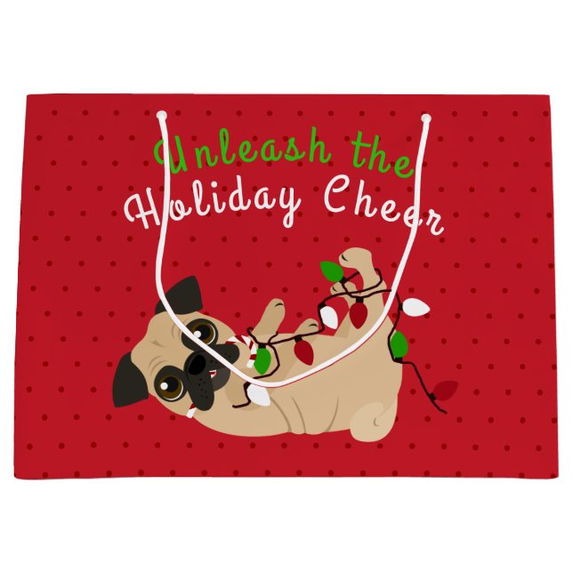 Unleash the Holiday Cheer Cute Pug Christmas Large Gift Bag (Front)