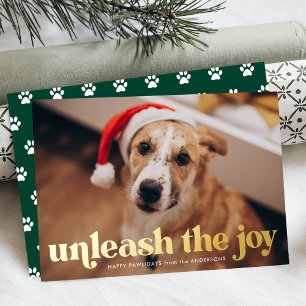 Unleash the Joy Green Dog Photo Foil Holiday Card