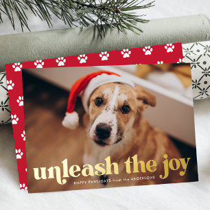 Unleash the Joy Red Dog Photo Foil Holiday Card