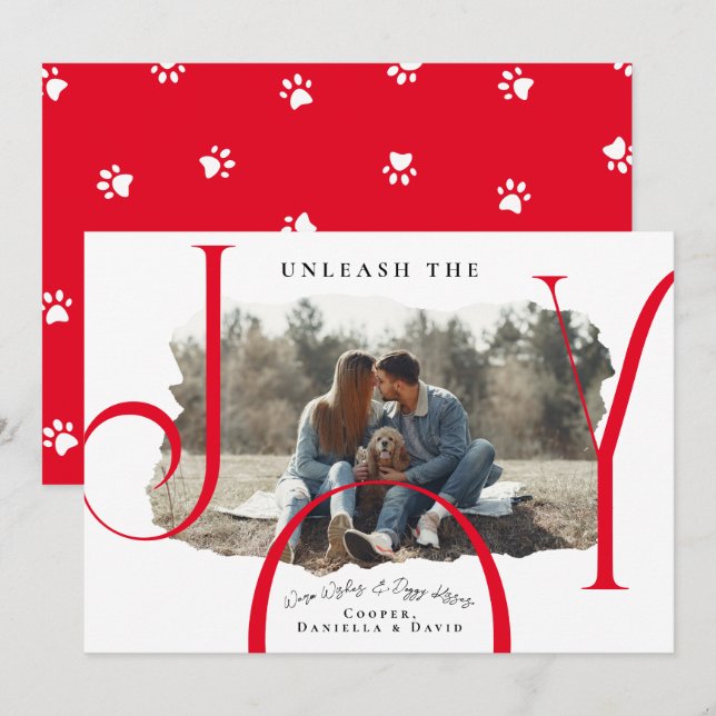 Unleash the Joy Red | Pet Photo Christmas Card (Front/Back)
