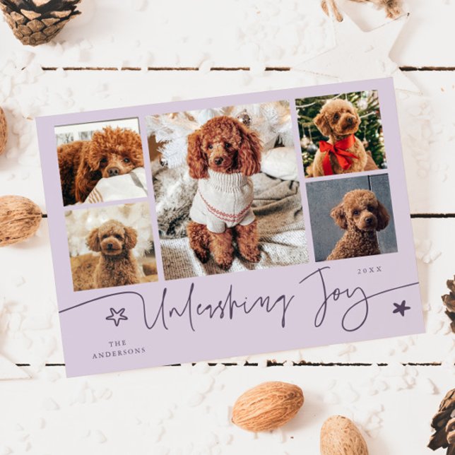 Unleashing Joy Purple Dog Multi Photo  Holiday Card (Creator Uploaded)