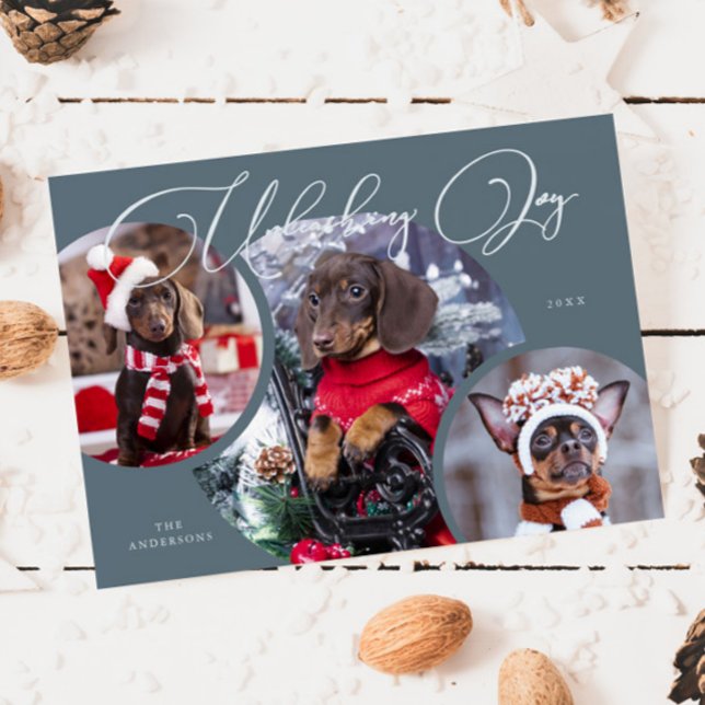 Unleashing Joy Slate Blue Dog Photo Holiday Card (Creator Uploaded)