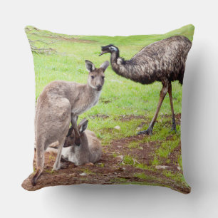 "Unlikely Pals: The Kangaroo and Emu Friendship" Cushion