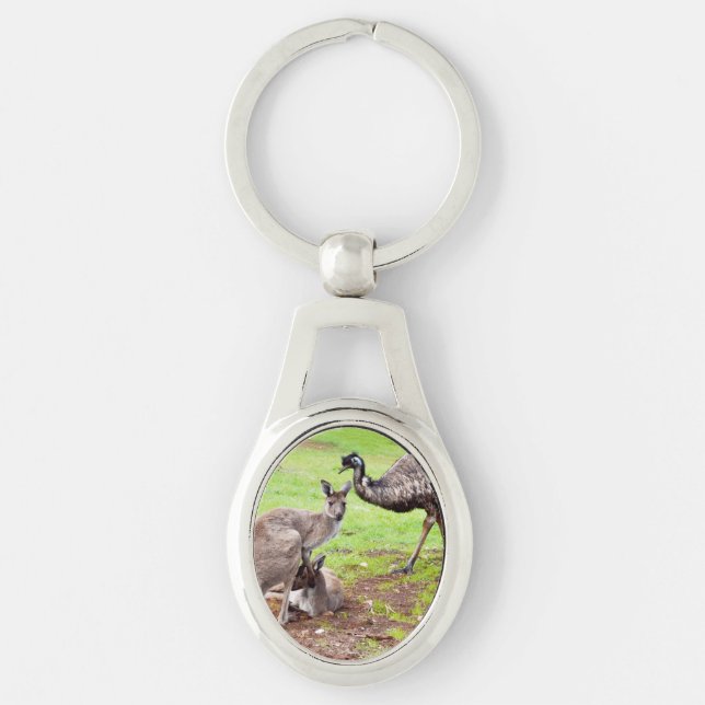 "Unlikely Pals: The Kangaroo and Emu Friendship" Key Ring (Front)