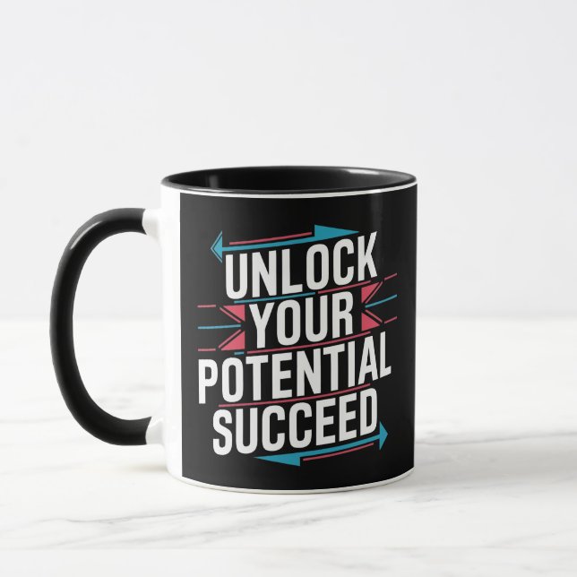 Unlock your potential succeed, black motivational mug (Left)