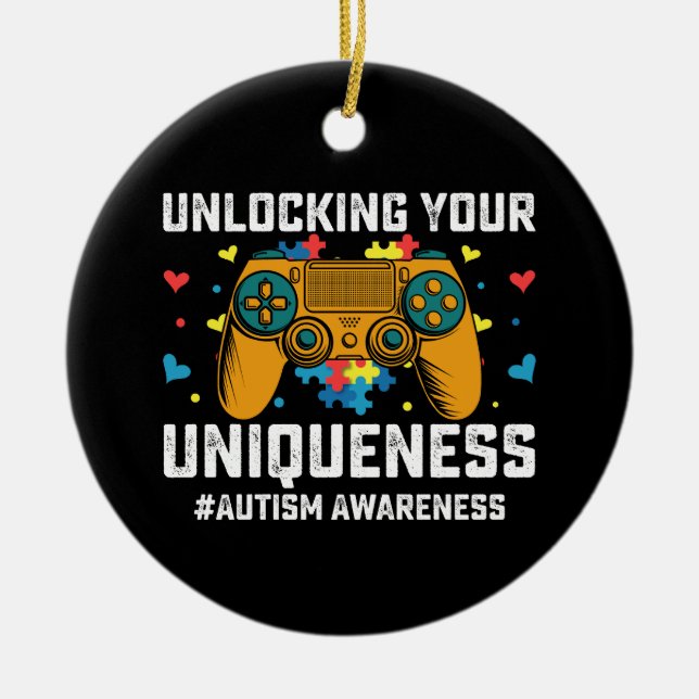 Unlocking Your Uniqueness Autism Gaming Gamer Ceramic Tree Decoration (Front)